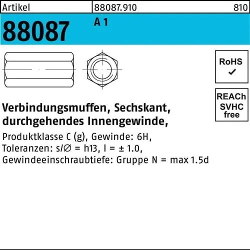 Sechskantverbindungsmuffe R 88087 M16x50 SW24 A1/1.4305 durchg. Innengew. 10St. Finale Aktion