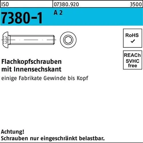 Flachkopfschraube ISO 7380-1 Innen-6kt M3x 12 A 2 500 Stück Finale Aktion