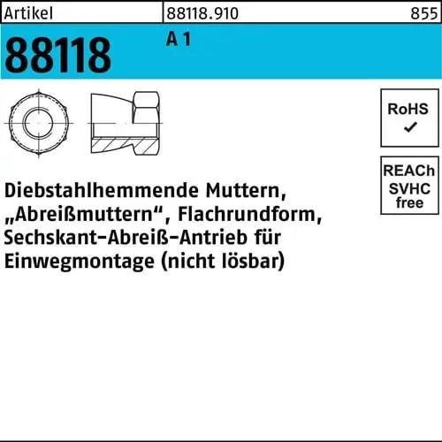 Ausverkauf Mutter R 88118 diebstahlhemmend M6x 6 A 1 500 Stück