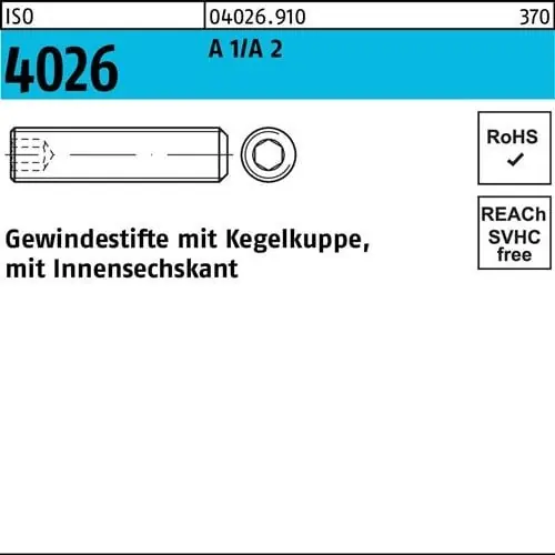 Gewindestift ISO 4026 Kegelkuppe/Innen-6kt M12x 30 A 1/A 2 50 Stück Sofort Bestellen