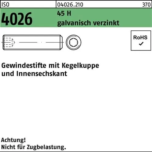 Gewindestift ISO 4026 Kegelkuppe/Innen-6kt M4x35 45 H galv.verz. 500St. Jetzt Bestellen