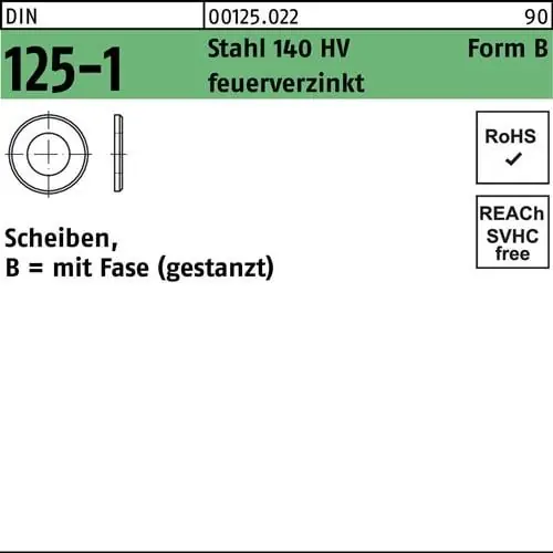 Ausverkauf Unterlegscheibe DIN 125-1 B 50x92x8 Stahl 140 HV feuerverz. gestanzt 25St.