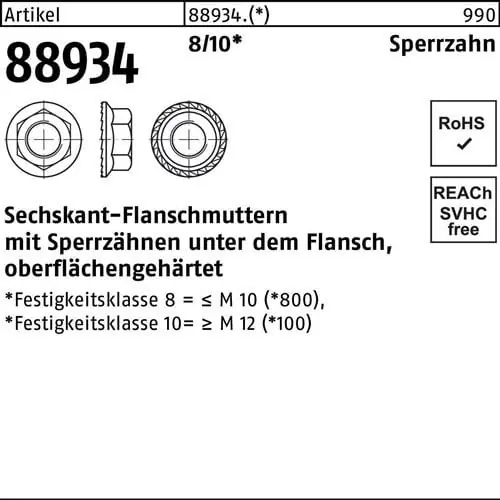 Sechskantflanschmutter R 88934 Sperrzahn M6 8 500 Stück Heißes Angebot