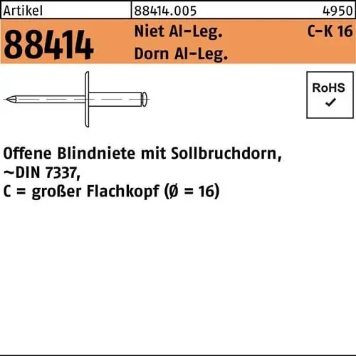 Blindniete R 88414 großer FLAKO 4,8x19,9 Niet Aluminium/Dorn Aluminium 250St. Top-Seller