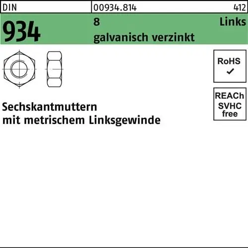 Angebot Sechskantmutter DIN 934 links M20 -LH 8 galv.verz. 50 Stück