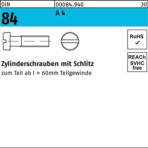 Kostenloser Rückversand Zylinderschraube DIN 84/ISO 1207 Schlitz M5x 80 A 4 100 Stück