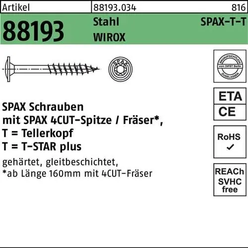 Tellerkopfschraube R 88193 Spitze/T-STAR 10x450/80-T50 Sta verz. WIROX 25St SPAX Jetzt Kaufen