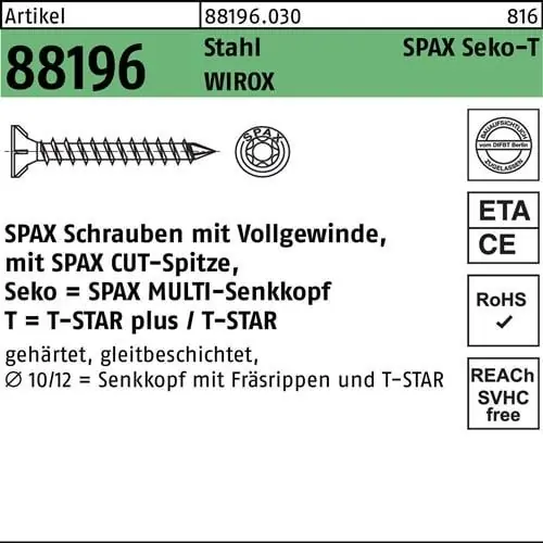 Schraube R 88196 Seko Spitze/T-STAR VG 10x280-T50 Sta galv.verz. WIROX 50St SPAX Letzte Chance