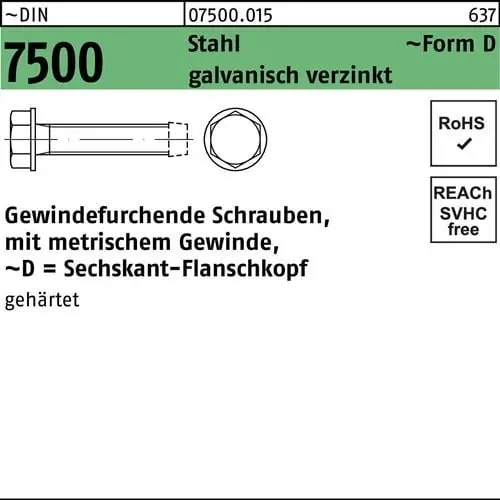 Gewindefurchendeschraube DIN 7500 6-ktflanschkopf DM 6x10 Sta galv.verz. 1000St. Super-Preis