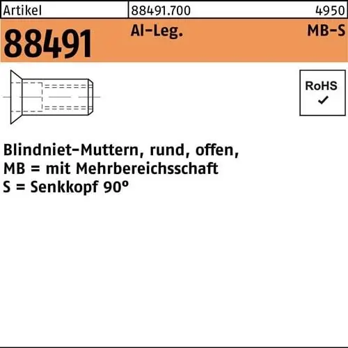 Blindnietmutter R 88491 SEKO M8/1,5 - 7,5 Aluminium 500 Stück Top-Seller