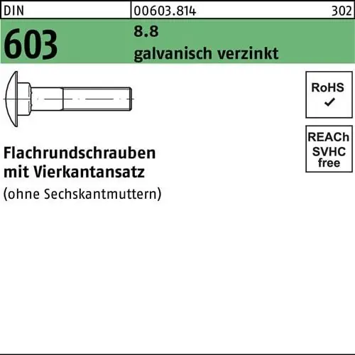 Flachrundschraube DIN 603 Vierkantansatz M12x50 8.8 galv.verz. 100St. Kostenloser Rückversand