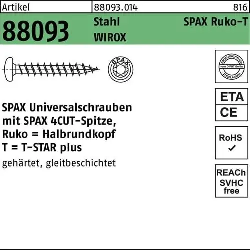 Kostenfreie Lieferung Schraube R 88093 Ruko Spitze/T-STAR 6x60/56-T30 Sta galv.verz. WIROX 200St. SPAX