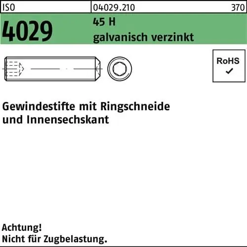 Gewindestift ISO 4029 Ringschneide/Innen-6kt M10x16 45 H galv.verz. 200St. Beliebt