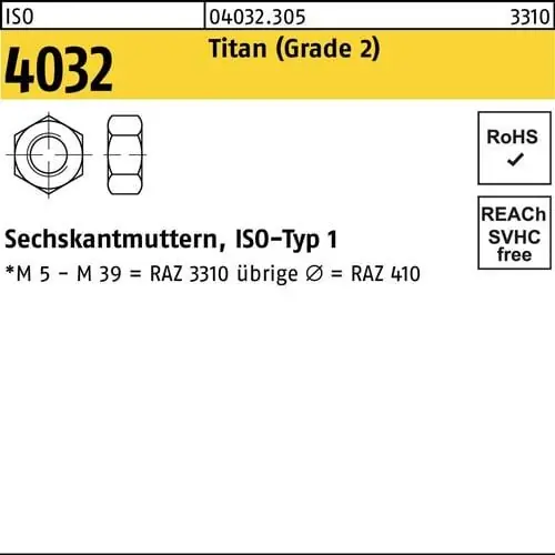 Sechskantmutter ISO 4032 M8 Titan (Grade 2) 50 Stück Preisknaller