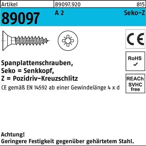Kracherpreis Spanplattenschraube R 89097 SEKO PZ VG 6x 60-Z A 2 100 Stück