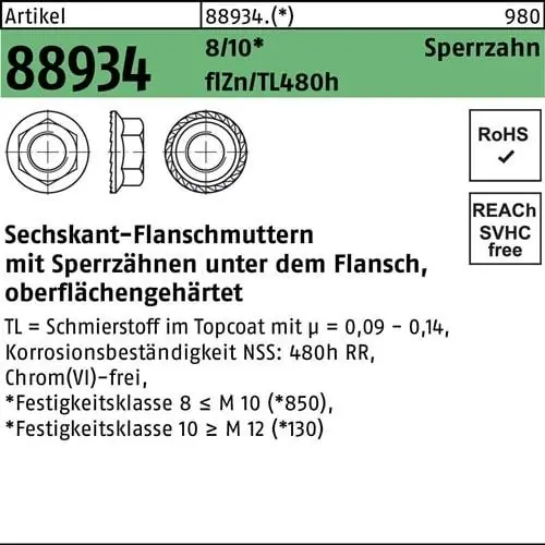 Sechskantflanschmutter R 88934 Sperrzahn M12 10 flZnnc 480h-L 100St. Letzte Chance