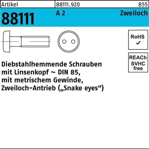 Schraube R 88111 diebstahlhemmend Liko/Zweiloch M5x 12 A 2 100 Stück Top-Seller