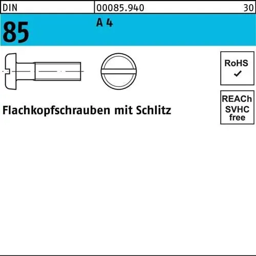 Flachkopfschraube DIN 85/ISO 1580 Schlitz M6x 16 A 4 200 Stück Preisreduziert