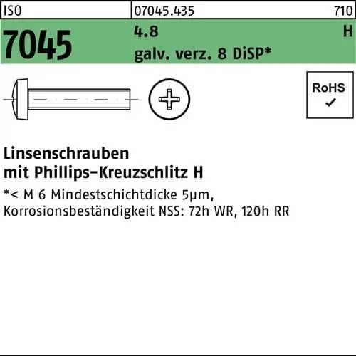 Flachkopfschraube ISO 7045 PH M6x25-H 4.8 galv.verz. 8 DiSP 500St. Jetzt Bestellen