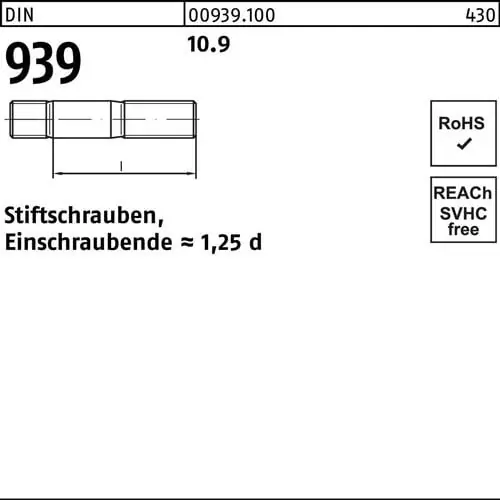 Nur Für Kurze Zeit Stiftschraube DIN 939 M16x 125 10.9 Einschraubende=1,25d 10 Stück
