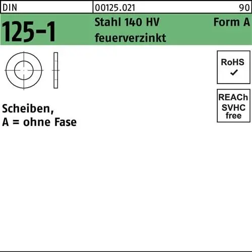 Preisknaller Unterlegscheibe DIN 125-1 A 17x30x3 Stahl 140 HV feuerverz. 100 Stück