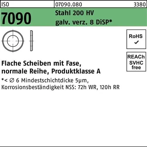 Unterlegscheibe ISO 7090 m.Fase 36 Stahl 200 HV galv.verz. 8 DiSP 50St. Schneller Versand