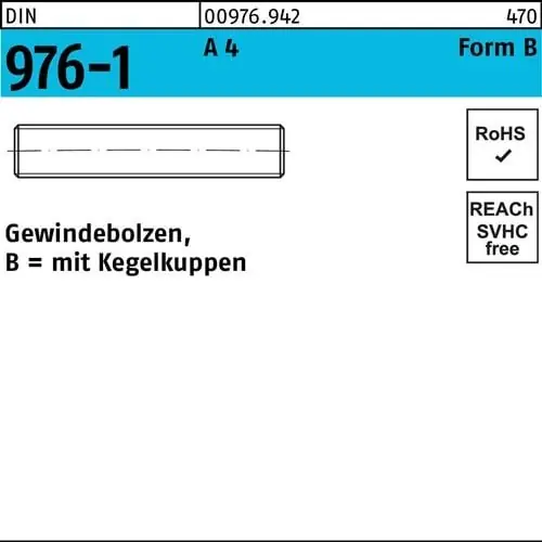 Begrenztes Angebot Gewindebolzen DIN 976 Kegelkuppen BM 12x 250 A 4 10 Stück