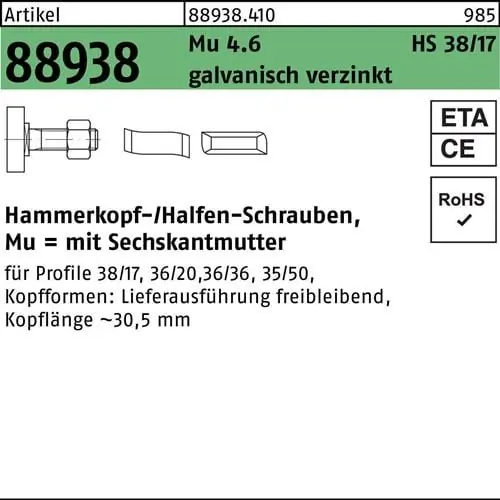 Kostenloser Rückversand Hammerkopfschraube R 88938 38/17 6-ktmutter M16x30 Mu4.6 galv.verz. 50St. HALFEN