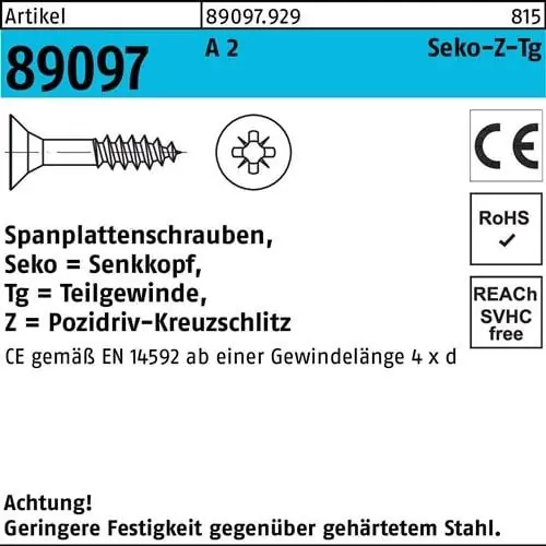 Neuheit Spanplattenschraube R 89097 SEKO PZ TG 6x 90-Z A 2 100 Stück