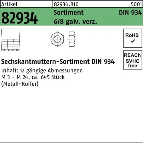 Gratis Versand Muttersortiment DIN 934 645tlg. 8 galv.verz. 1 Stück