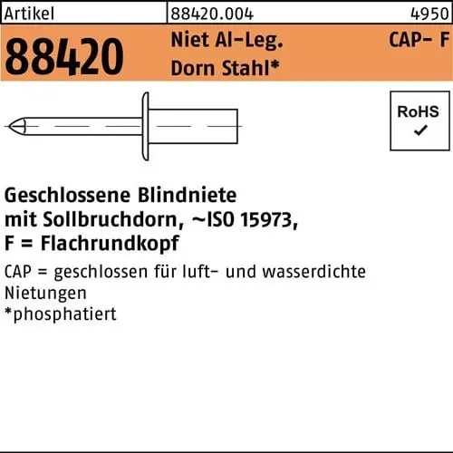 Blindniete R 88420 Flachrundkopf 4x 9,5 Niet Aluminium/Dorn Stahl 500St. GESIPA Garantierte Lieferung