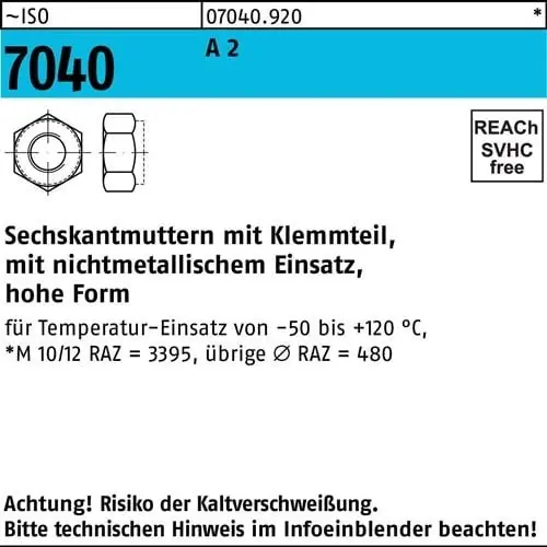 Sechskantmutter ISO 7040 Klemmteil M8 A 2 500 Stück Highlight