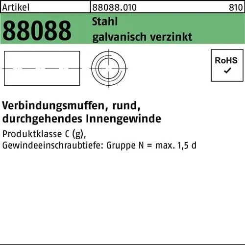 Zertifiziert Verbindungsmuffe R 88088 rund IG M12x40x15 Stahl galv.verz. durchg. IG 50St.