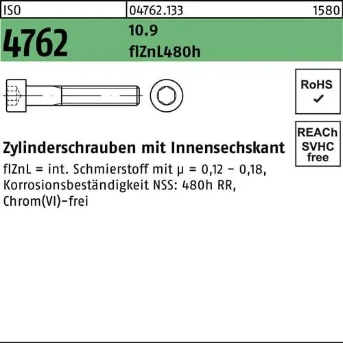 Zylinderschraube ISO 4762 Innen-6kt M24x110 10.9 zinklamellenb. 10St. Kostenfreie Lieferung