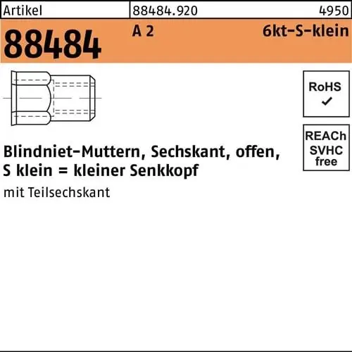 Sechskantblindnietmutter R 88484 SEKO M4 /0,5 -2,0 A 2 500 Stück Sichere Zahlung