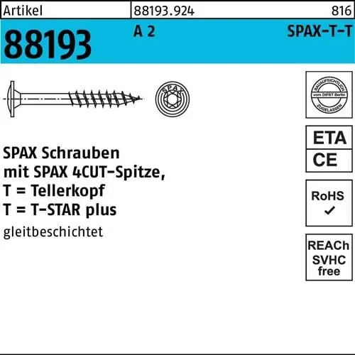 Tellerkopfschraube R 88193 Spitze/T-STAR TG 6x 120/68-T30 A 2 100 Stück SPAX Schnäppchen