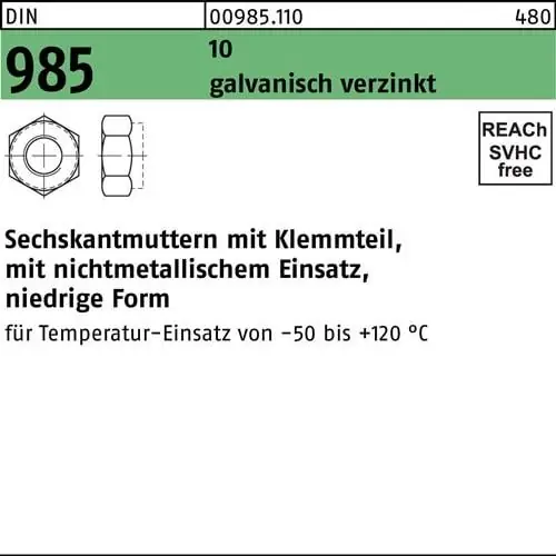 Gratis Versand Sechskantmutter DIN 985 Klemmteil M8 10 galv.verz. 100 Stück