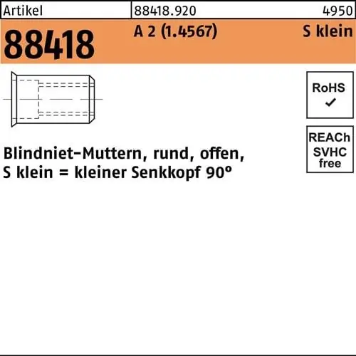 Blindnietmutter R 88418 SEKO M6 /0,25-3,5 A 2 250 Stück Angebot