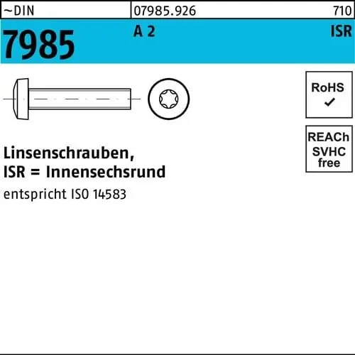 Geprüft Linsenschraube DIN 7985 ISR M10x 16-T50 A 2 200 Stück