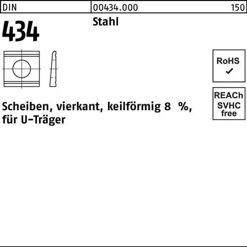 Neue Ware U-Scheibe DIN 434 vierkant keilförmig 9 Stahl Neigung 8% 100 Stück