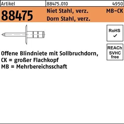 Blindniete R 88474 FLAKO 4,8x10 K16 Niet Sta verz./Dorn Sta verz. 250St. GESIPA Schneller Versand