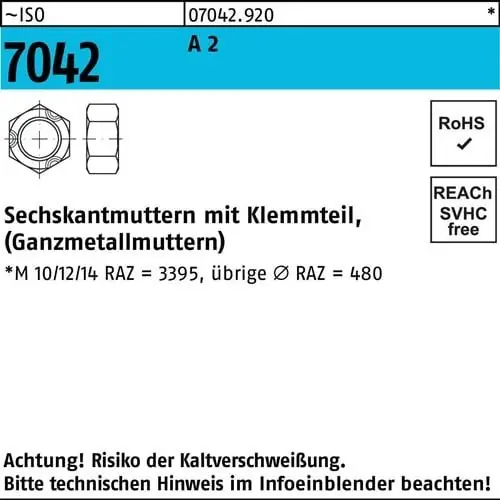 Sechskantmutter ISO 7042 Klemmteil M12 A 2 250 Stück Wochenendangebot