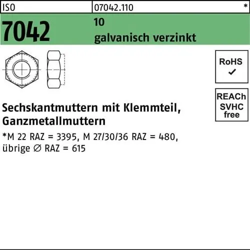 Sechskantmutter ISO 7042 Klemmteil M12 10 galv.verz. 100 Stück Saisonangebot