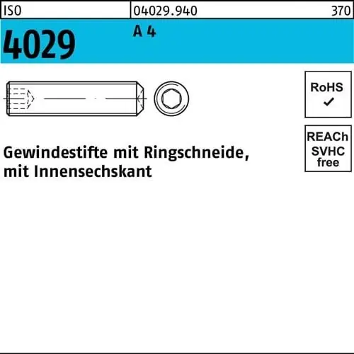 Gewindestift ISO 4029 Ringschneide/Innen-6kt M16x 20 A 4 10 Stück Kracherpreis