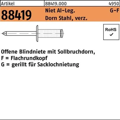 Blindniete R 88419 Flachrundkopf 4x12 Niet Aluminium/Dorn Stahl verz. 500St. Preisreduziert