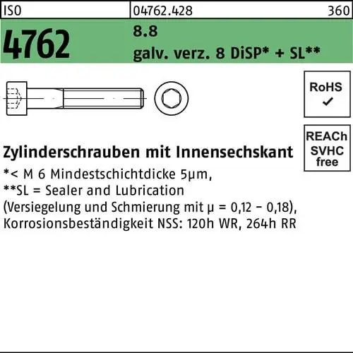 Kostenloser Rückversand Zylinderschraube ISO 4762 Innen-6kt M6x40 8.8 galv.verz. 8 DiSP+SL 200St.