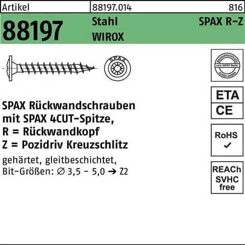 Rückwandschraube R 88197 Spitze/PZ 4,5x35/32-Z Sta galv.verz. WIROX 1500St. SPAX Gratis Versand