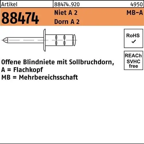 Blindniete R 88474 FLAKO 6,4x 20 Niet A 2/Dorn A 2 200 Stück Ausverkauf