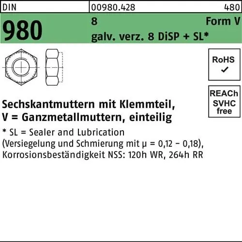 Knallerangebot Sechskantmutter DIN 980 Klemmteil V M14 8 galv.verz. 8 DISP 100Stück