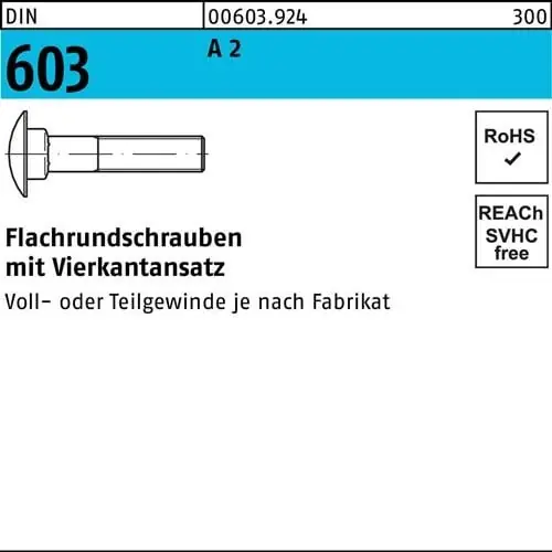 Flachrundschraube DIN 603 Vierkantansatz M8x 90 A 2 100 Stück Neue Kollektion